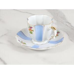 Occupied Japan Cup & Saucers Scalloped Light Blue 40's Bone China Gold Trim Vtg